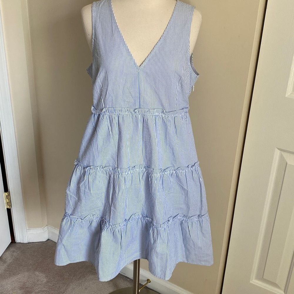 J. Crew Factory Seersucker ruffle mini dress Blue White Size 6 NWT - Picture 3 of 10